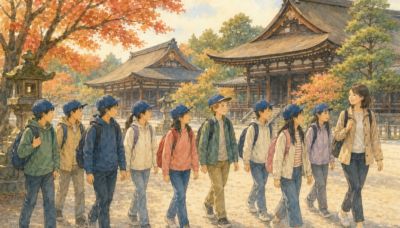 Watercolor illustration of a mixed group of Grade 6 elementary school children, including an international child, in matching caps with small backpacks on their school trip, walking with a teacher in front of a historic temple