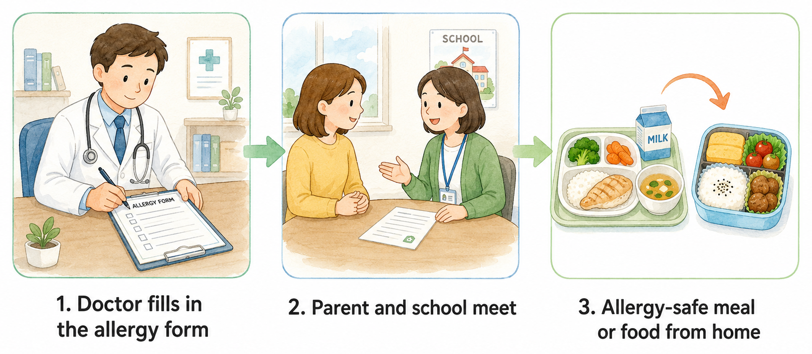 Diagram showing the school lunch allergy process in three steps: a doctor fills in a school life management form, the parent and school hold a meeting, and the school provides an allergy-safe meal or the family sends a substitute