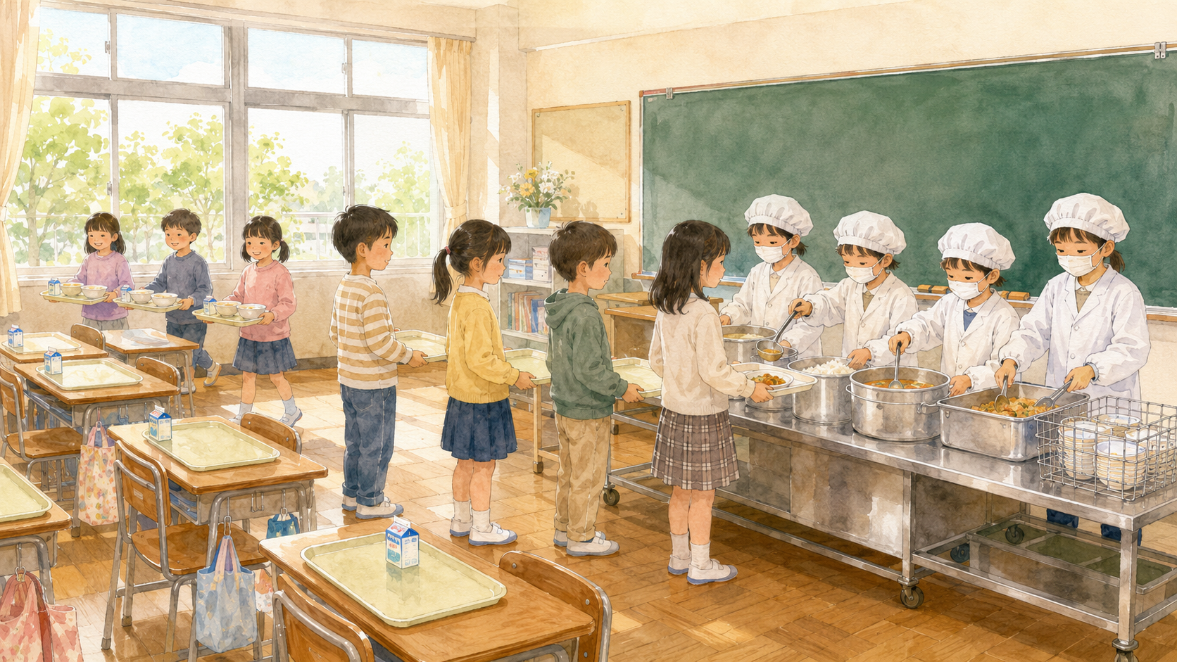 Watercolor illustration of a Japanese elementary school classroom at lunchtime, with children in white aprons and caps serving rice, soup, and a main dish from a food cart while classmates line up with their trays to receive their portions