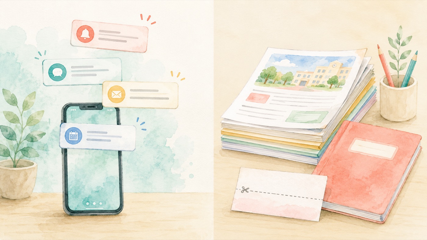 Watercolor illustration contrasting two channels of school communication: a smartphone showing app notifications on one side, and a stack of printed handouts and a communication notebook on the other