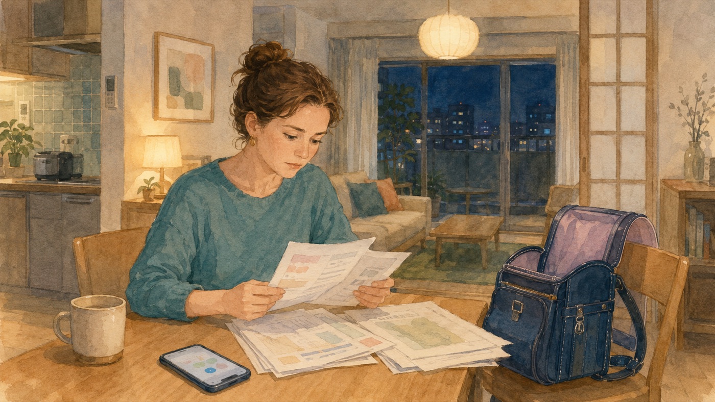 Watercolor illustration of an international parent at a dining table in a Japanese apartment in the evening, reading through school notices taken from a child's randoseru on the chair beside her, with a phone showing a school app on the table