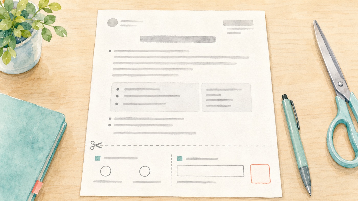 Watercolor illustration of a Japanese school notice seen from above, with a dashed cut line and scissors icon across the lower part of the page, and below it a reply slip with two circles to tick, a name field, and a small square for a seal
