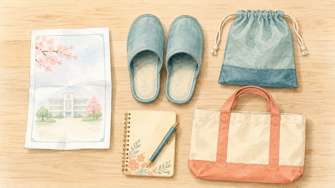 Watercolor flat-lay of what to take to a Japanese school parent event: a folded school notice, adult indoor slippers, a cloth drawstring bag for outdoor shoes, a small notebook with a pen, and a tote bag