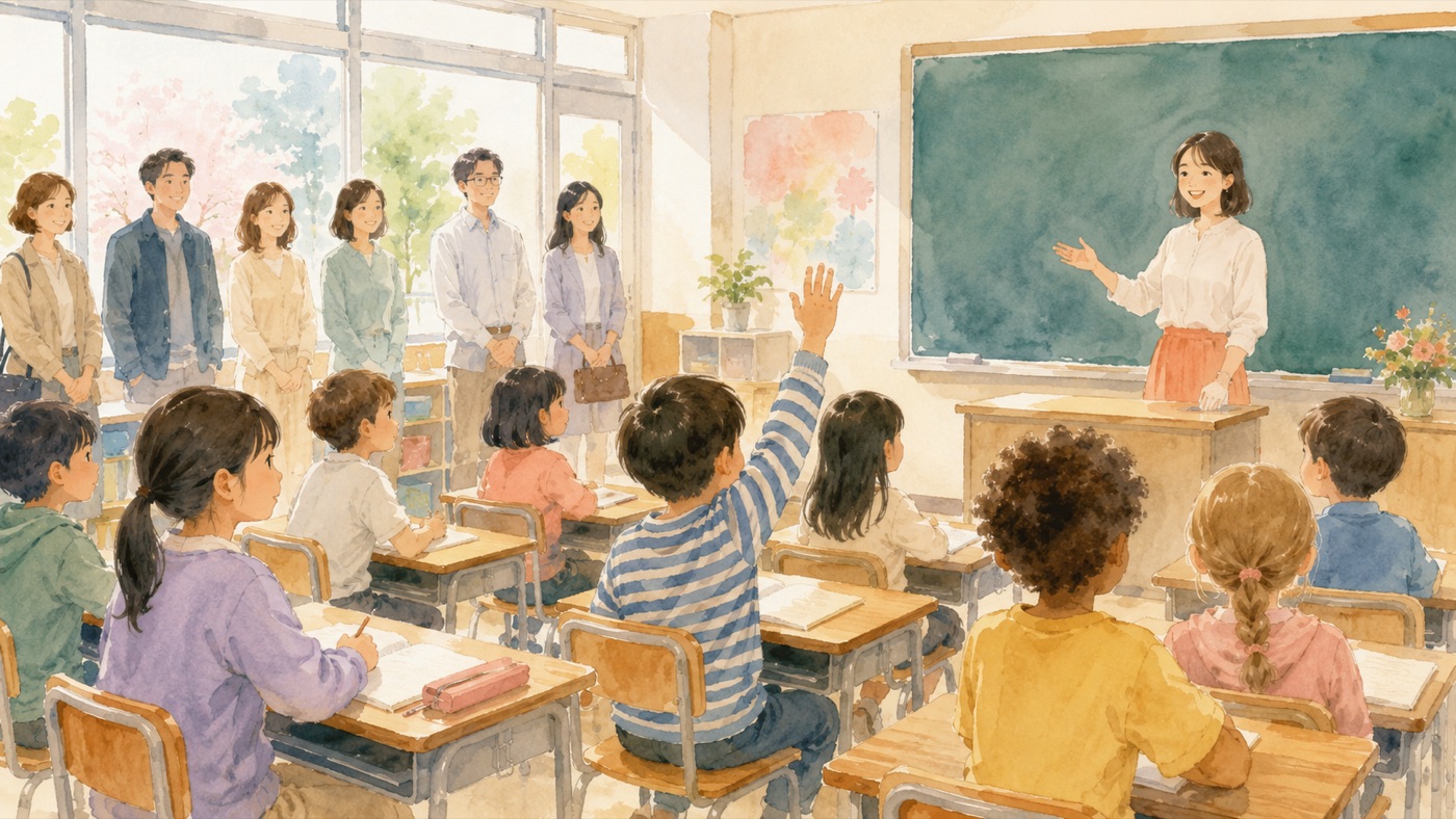 Watercolor illustration of parents standing at the back of a Japanese elementary school classroom watching an open class, with children at their desks and one child raising a hand