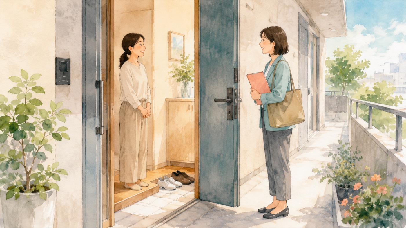 Watercolor illustration of a teacher standing at the doorway of a modern Japanese apartment speaking briefly with a parent in the entrance, illustrating a short doorstep home visit