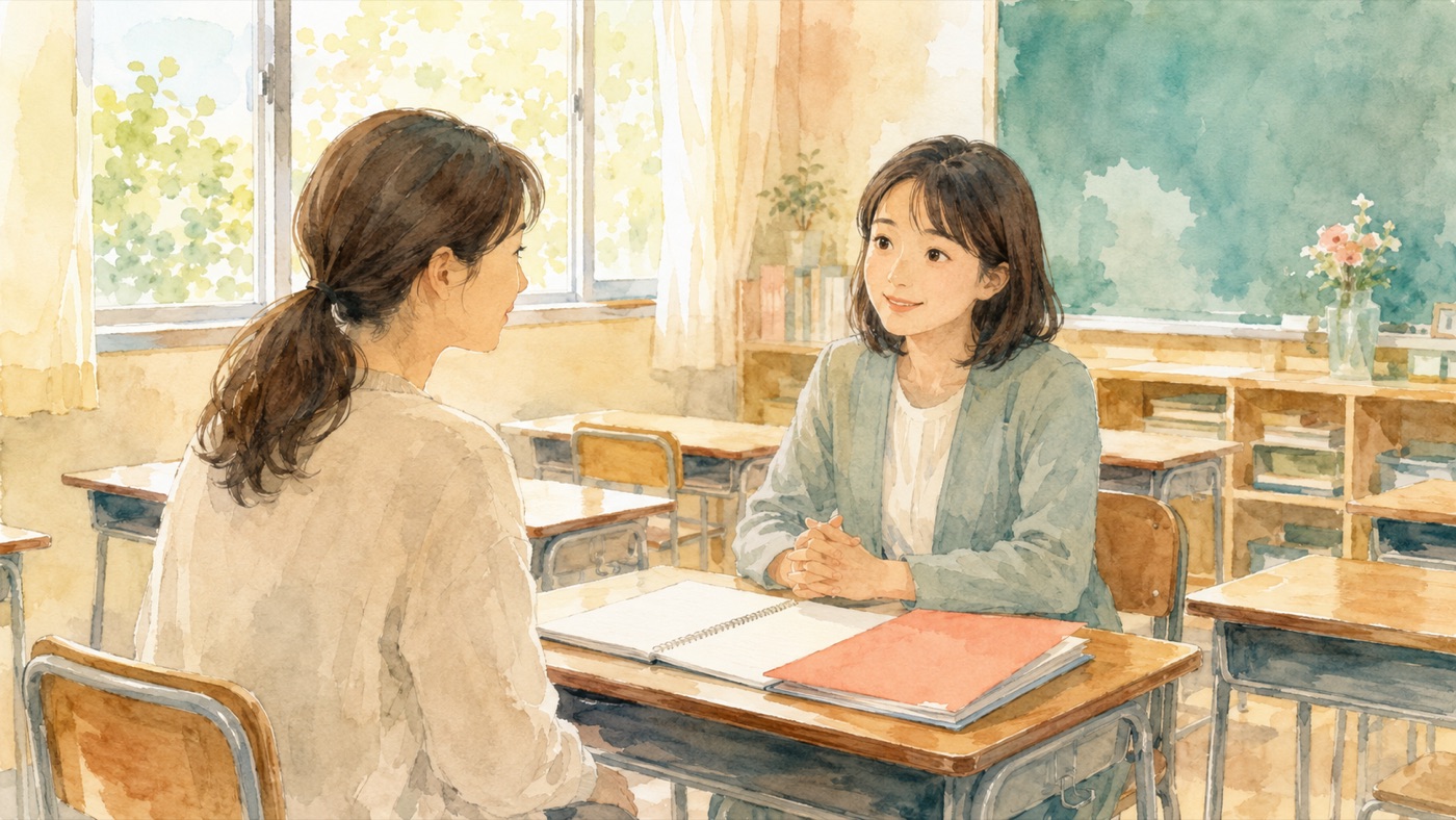Watercolor illustration of a parent and a teacher sitting across a small desk in a Japanese classroom for a private parent-teacher meeting, with notebooks on the desk