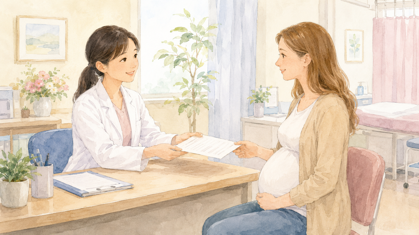 Watercolor illustration of a Japanese doctor at a clinic desk filling out a medical certificate form and handing it to a Western pregnant woman seated across from them