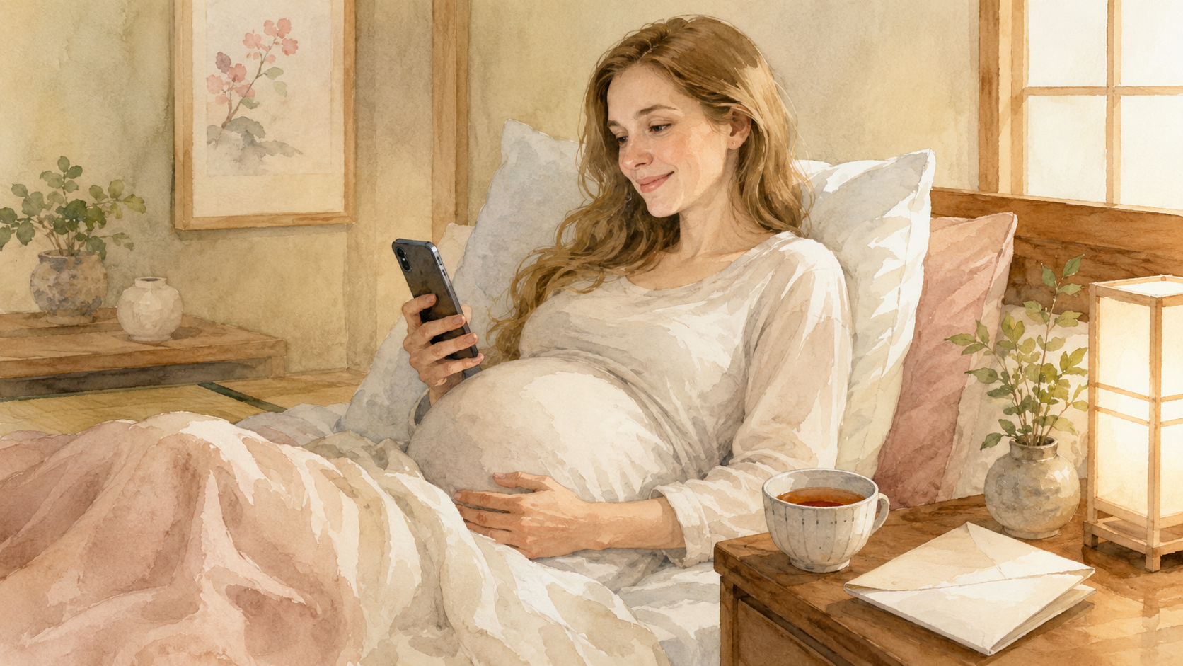 Watercolor illustration of a Western pregnant woman resting in bed at home with a cup of tea and a medical certificate on the nightstand, phone in hand