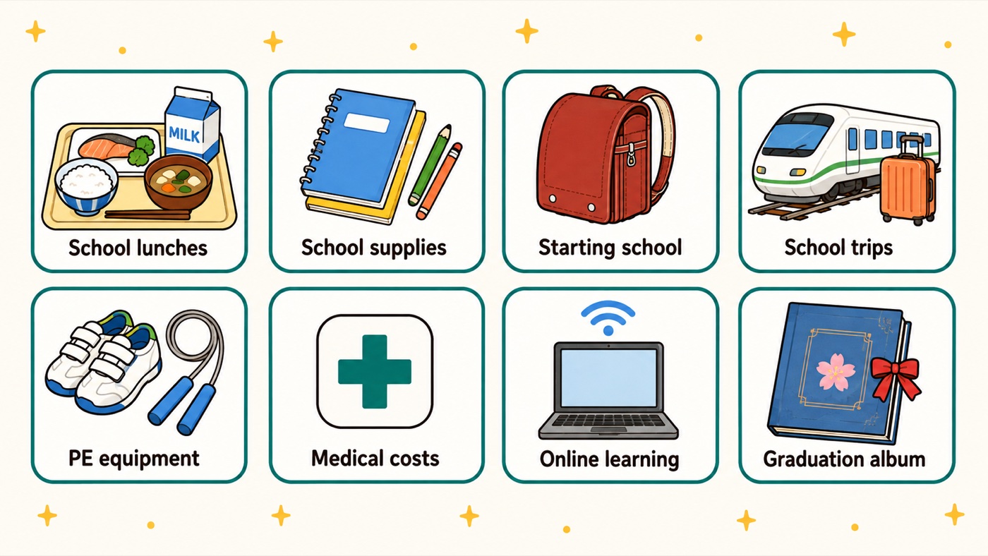 Diagram of the costs covered by Japan's school assistance system: school lunches, school supplies, starting school, school trips, PE equipment, medical costs, online learning, and the graduation album