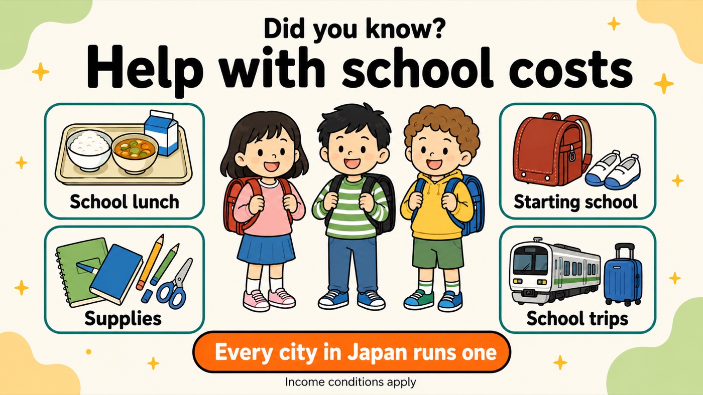 Poster headed "Did you know? Help with school costs", showing three elementary school children surrounded by the things the system covers — school lunch, supplies, starting school, and school trips — with the note that every city in Japan runs one and income conditions apply