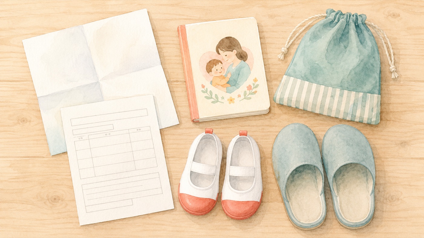 Watercolor flat-lay of what to bring to the checkup: the folded notice and a blank health form, the Mother and Child Health Handbook, a child's white indoor shoes, adult slippers, and a cloth drawstring bag for outdoor shoes