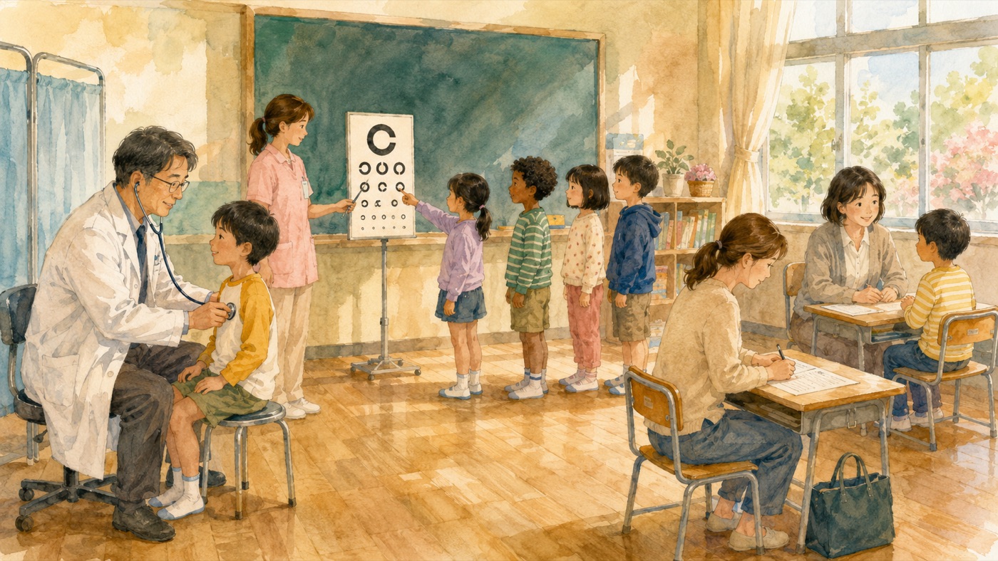 Watercolor illustration of a pre-enrollment checkup inside a Japanese elementary school classroom: a school doctor examining a child with a stethoscope, a staff member running a vision test with a Landolt ring chart, several children waiting in a short line, and a parent filling in a form at a small school desk