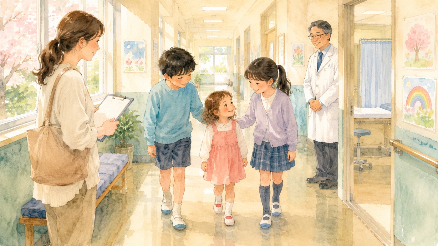 Watercolor illustration of a Japanese elementary school on a checkup day: a small child in indoor shoes being led down a hallway by two older students, while a parent waits with a form, and a school doctor smiles nearby
