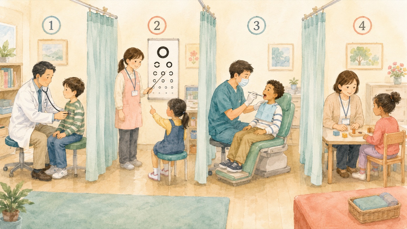 Watercolor illustration of four curtained checkup stations at a Japanese school, each run by a staff member: a doctor listening to a child's chest, a staff member pointing at a Landolt C eye chart as a child responds, a dentist checking teeth, and a teacher at a small table for a developmental check