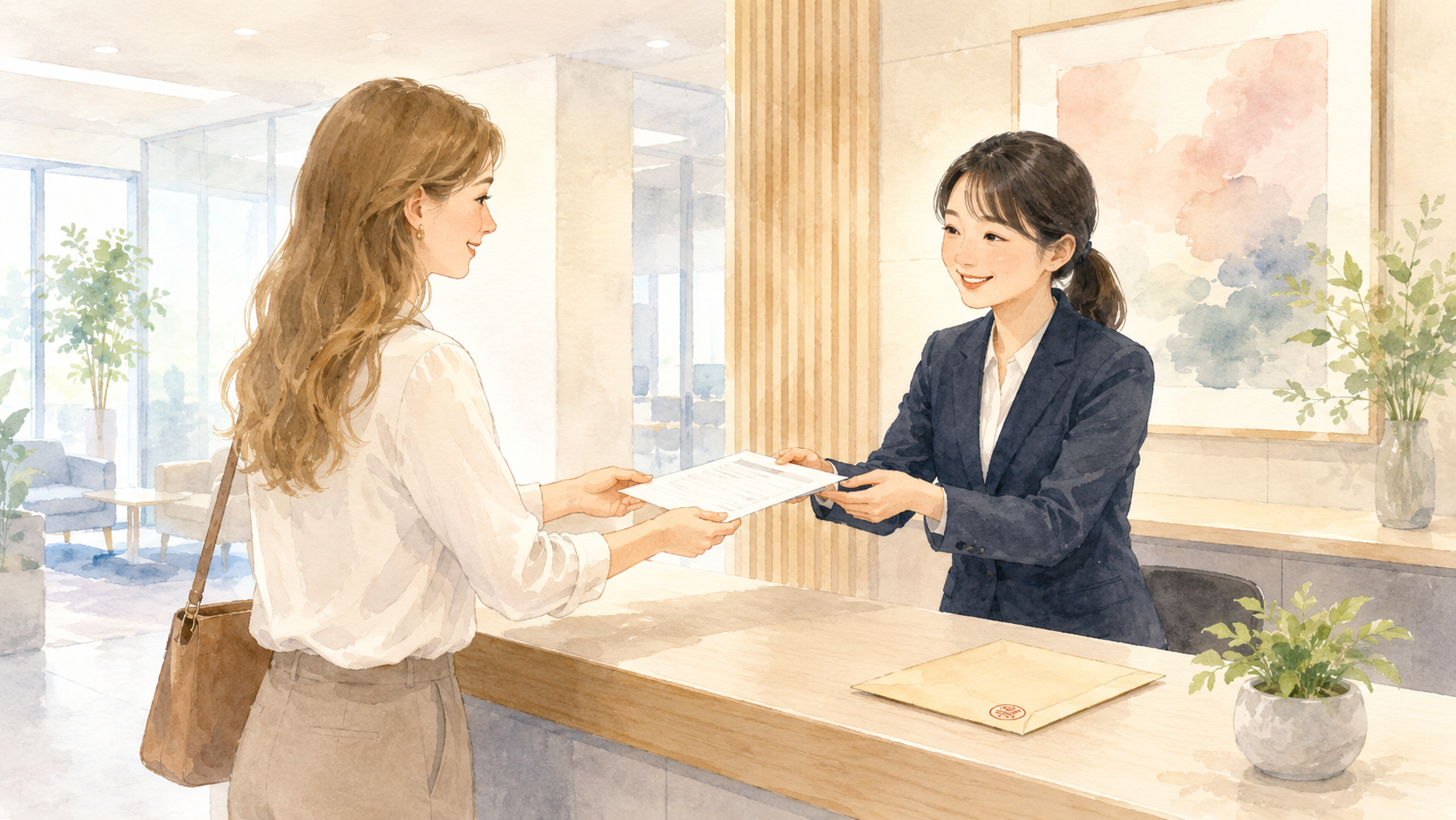 Watercolor illustration of a Western woman handing a completed application form to a smiling Japanese HR staff member at a company reception desk, with a stamped envelope visible on the desk