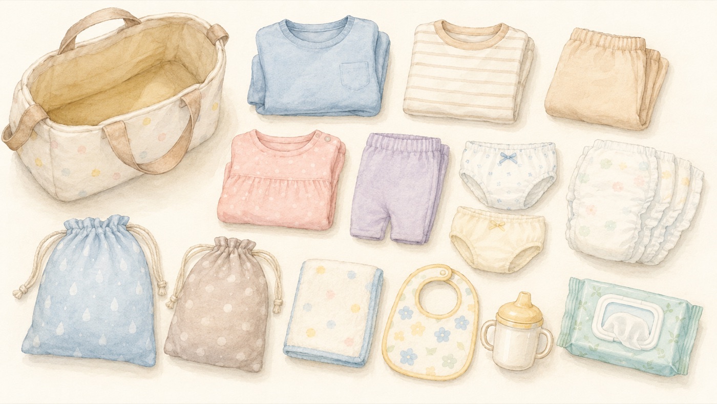 Watercolor flat-lay of a Japanese daycare daily bag laid out: several changes of clothes and underwear, diapers and wipes, a hand towel and bib, a cup, and drawstring bags for wet and soiled items