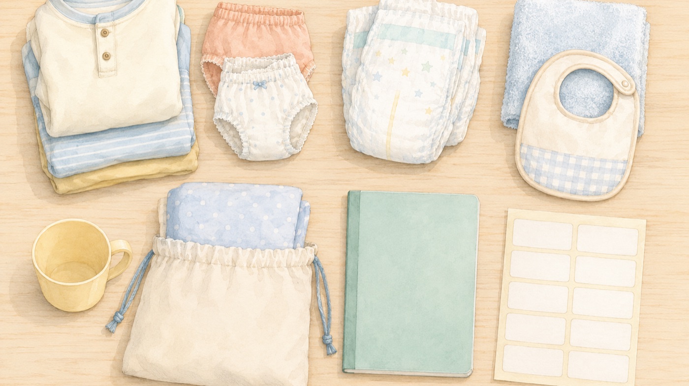 Watercolor flat-lay of what to prepare before a Japanese daycare starts: a stack of spare clothes, diapers, a hand towel and bib, a cup, a nap sheet in its carry bag, a communication notebook, and a sheet of name labels