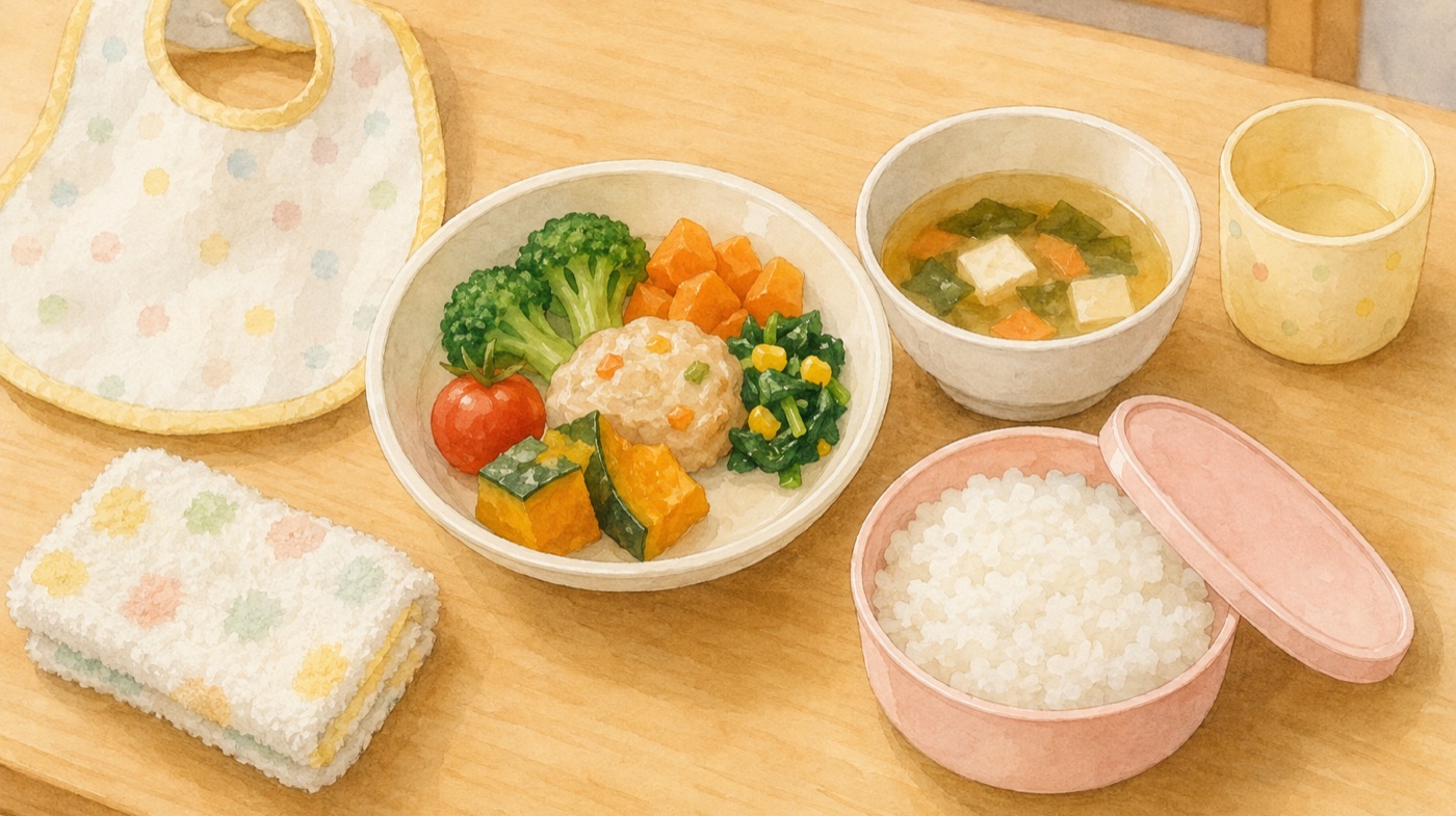 Watercolor illustration of a Japanese daycare lunch setting for a toddler: a bowl of vegetables and a small patty served by the facility, a bowl of miso soup, a cup, a bib and hand towel, and a small lidded container of rice brought from home