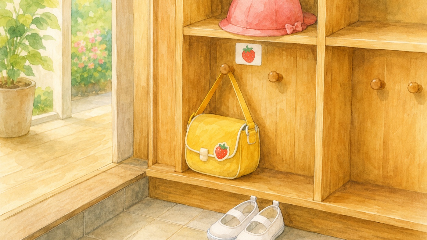 Watercolor illustration of a Japanese kindergarten cubby and entrance: a child's kindergarten bag hung on a hook marked with a strawberry personal symbol, a colored cap above it, and white indoor shoes ready to change into