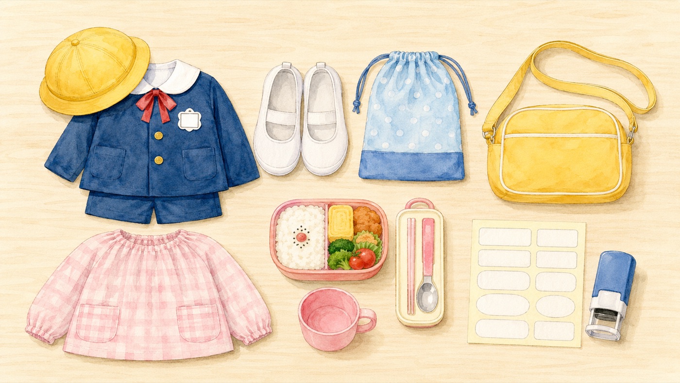 Watercolor flat-lay of everything to prepare before starting a Japanese kindergarten: uniform and cap, indoor shoes, a kindergarten bag, a bento box, a cup, a smock, and name labels laid out neatly