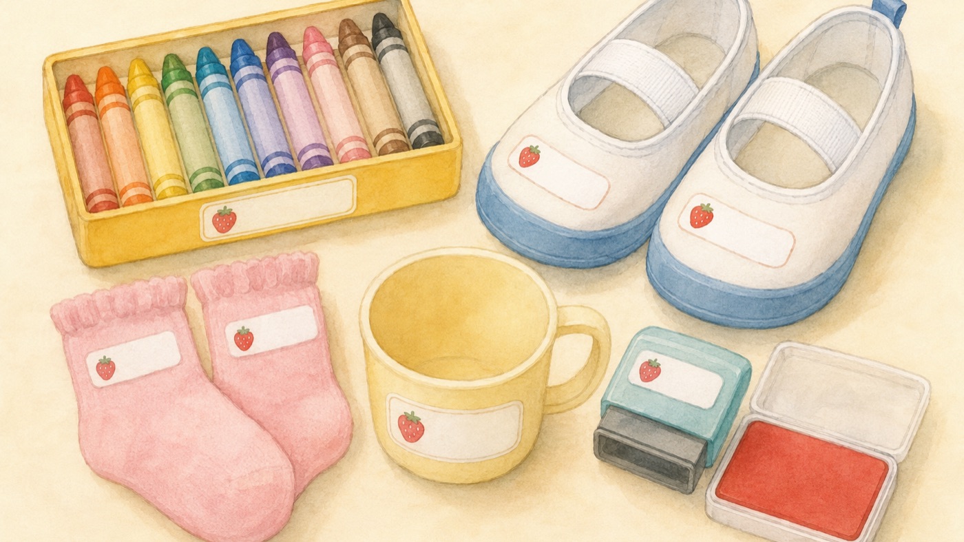 Watercolor close-up of kindergarten items being labeled with a child's name: crayons, socks, a cup and indoor shoes each marked with a name, a name stamp and ink pad, and one item showing a small strawberry symbol as a personal mark