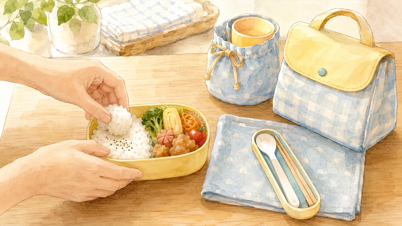 Watercolor close-up of a parent's hands packing a small bento box at the kitchen table, with a lunch bag, a cloth placemat, a chopstick-and-spoon case, and a cup in a drawstring bag laid out ready