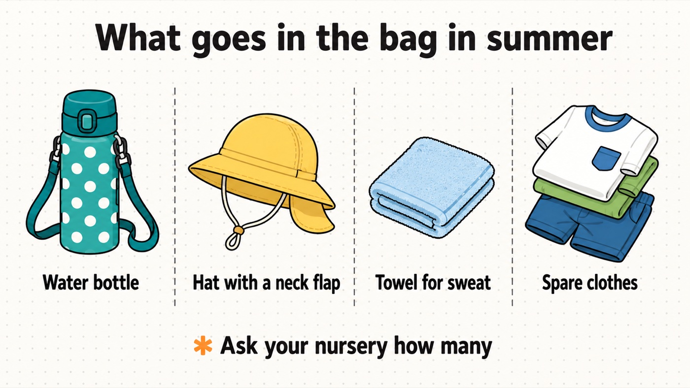 Diagram of what goes in a child's bag in a Japanese summer: an insulated water bottle on a strap, a sun hat with a neck flap, a towel for sweat, and spare clothes, with a note to ask the nursery how many