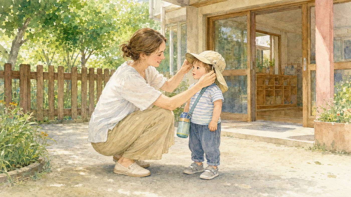 Watercolor illustration of an international mother fitting a wide-brimmed hat on her young child outside a Japanese nursery on a bright summer morning, a water bottle on a strap over the child's shoulder and cicadas in the trees behind them