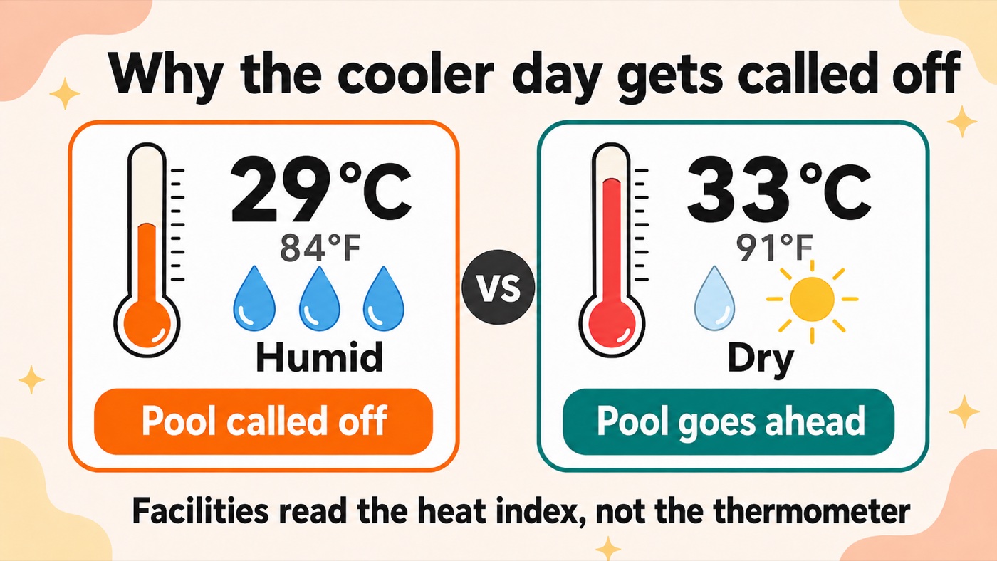 Diagram comparing a humid 29 degree day, where the pool is called off, with a dry 33 degree day, where it goes ahead, illustrating that facilities read the heat index rather than the thermometer