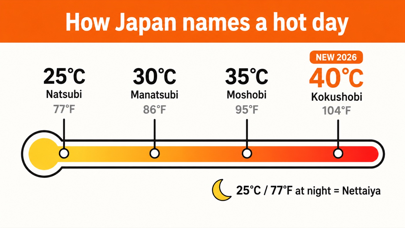 Diagram of Japan's names for hot days along a thermometer, with each threshold shown in Celsius and Fahrenheit: 25C or 77F natsubi, 30C or 86F manatsubi, 35C or 95F moshobi, and the new 2026 addition of 40C or 104F kokushobi, plus a note that 25C overnight is a nettaiya