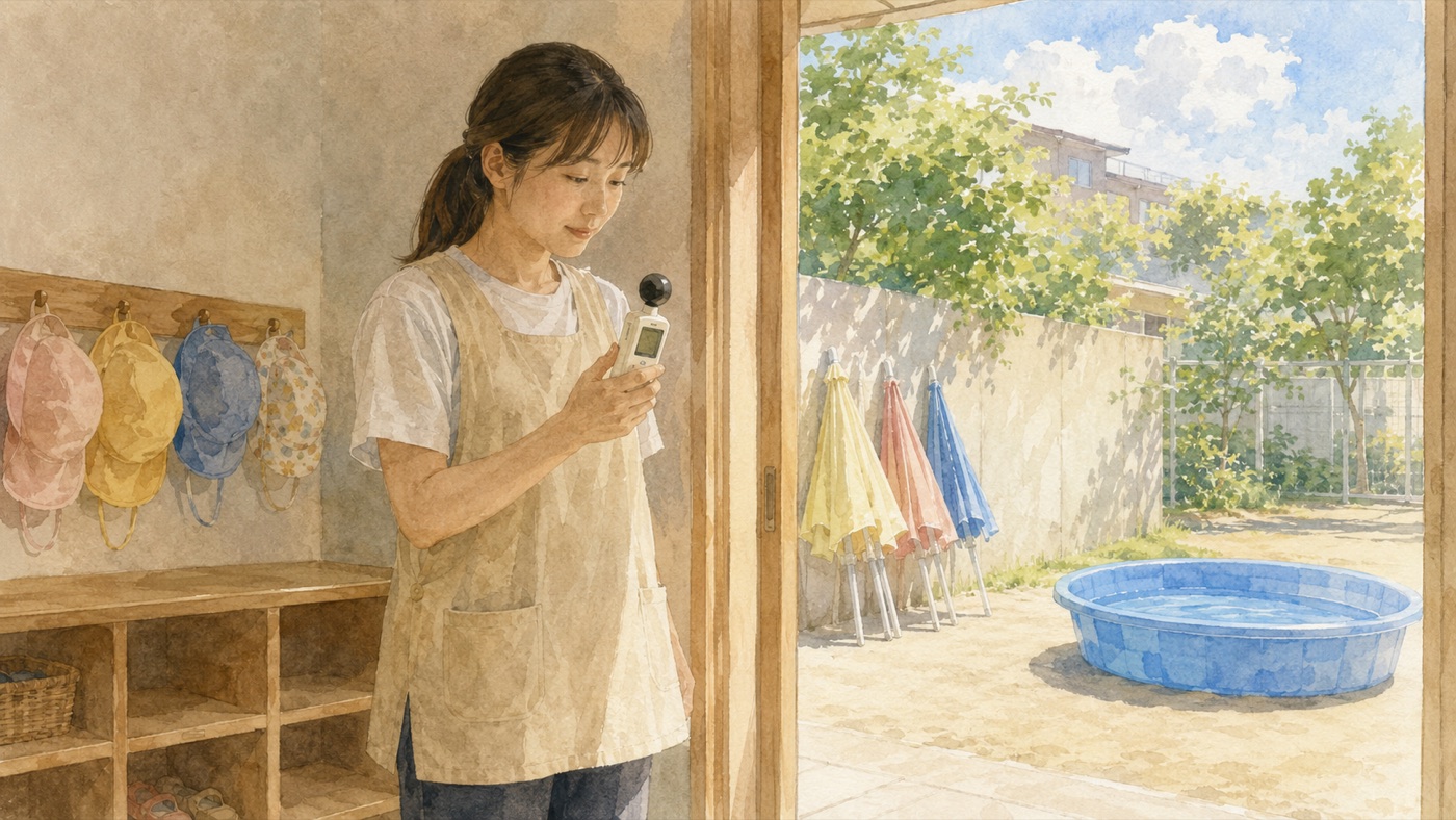Watercolor illustration of a nursery teacher in an apron checking a small heat-index meter mounted by the door to the play yard, with the empty paddling pool and folded parasols visible behind her