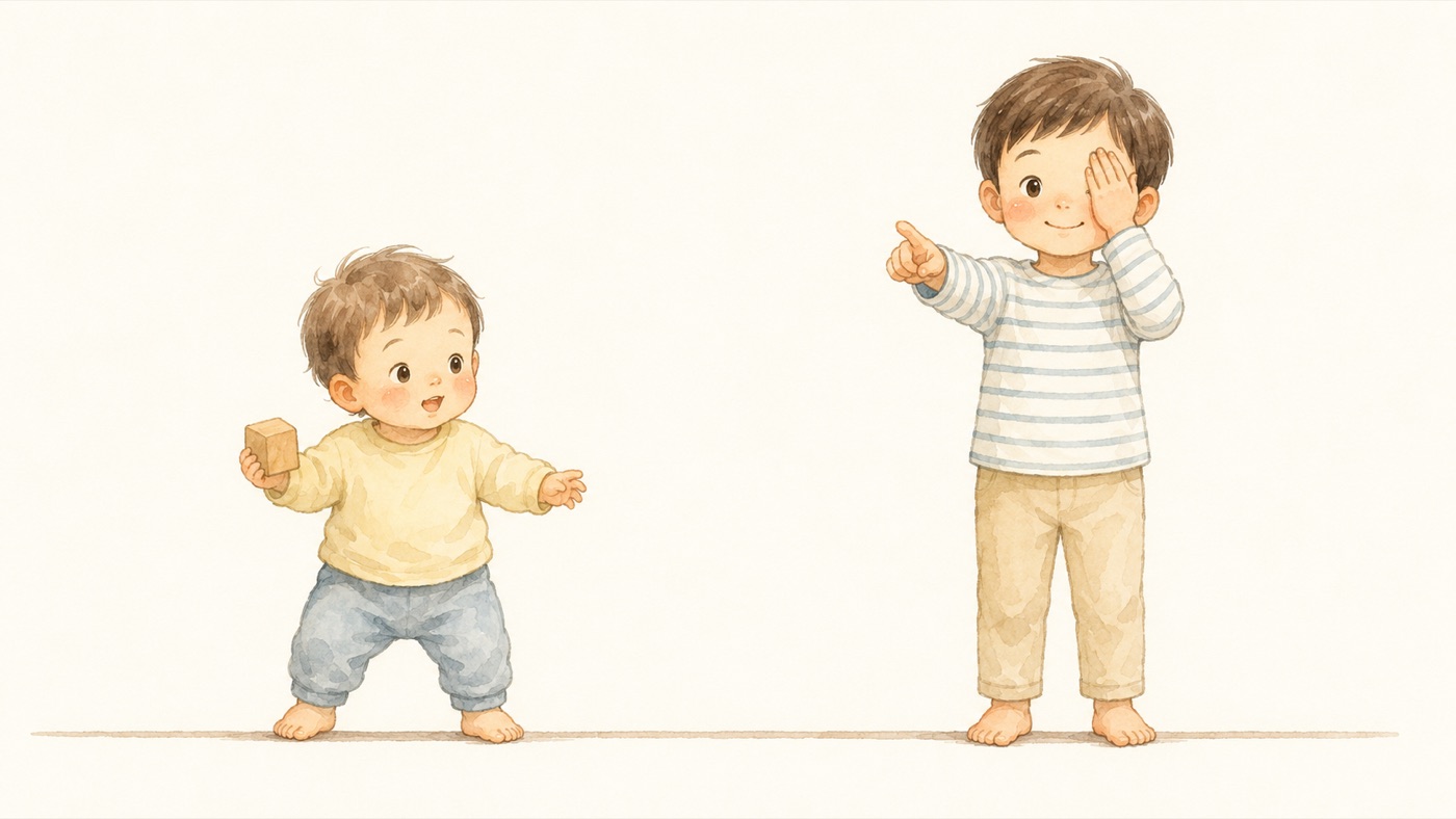 Watercolor illustration comparing the two checkups side by side: on the left an eighteen-month-old holding a wooden block, on the right a taller three-year-old standing steadily, pointing with one hand and covering one eye with the other