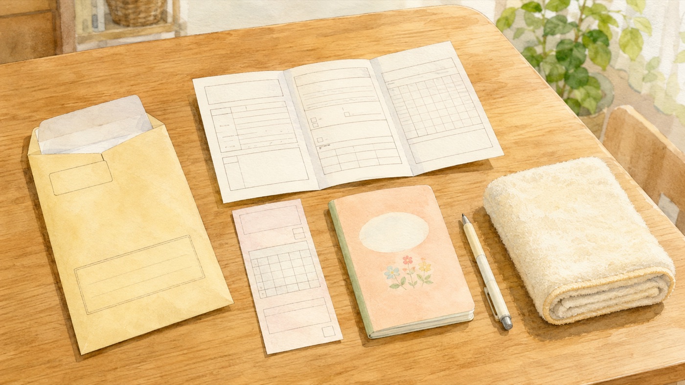Watercolor illustration of a municipal checkup envelope opened on a table at home, with the voucher slip, the questionnaire, the mother and child health handbook, and a folded bath towel ready for the appointment