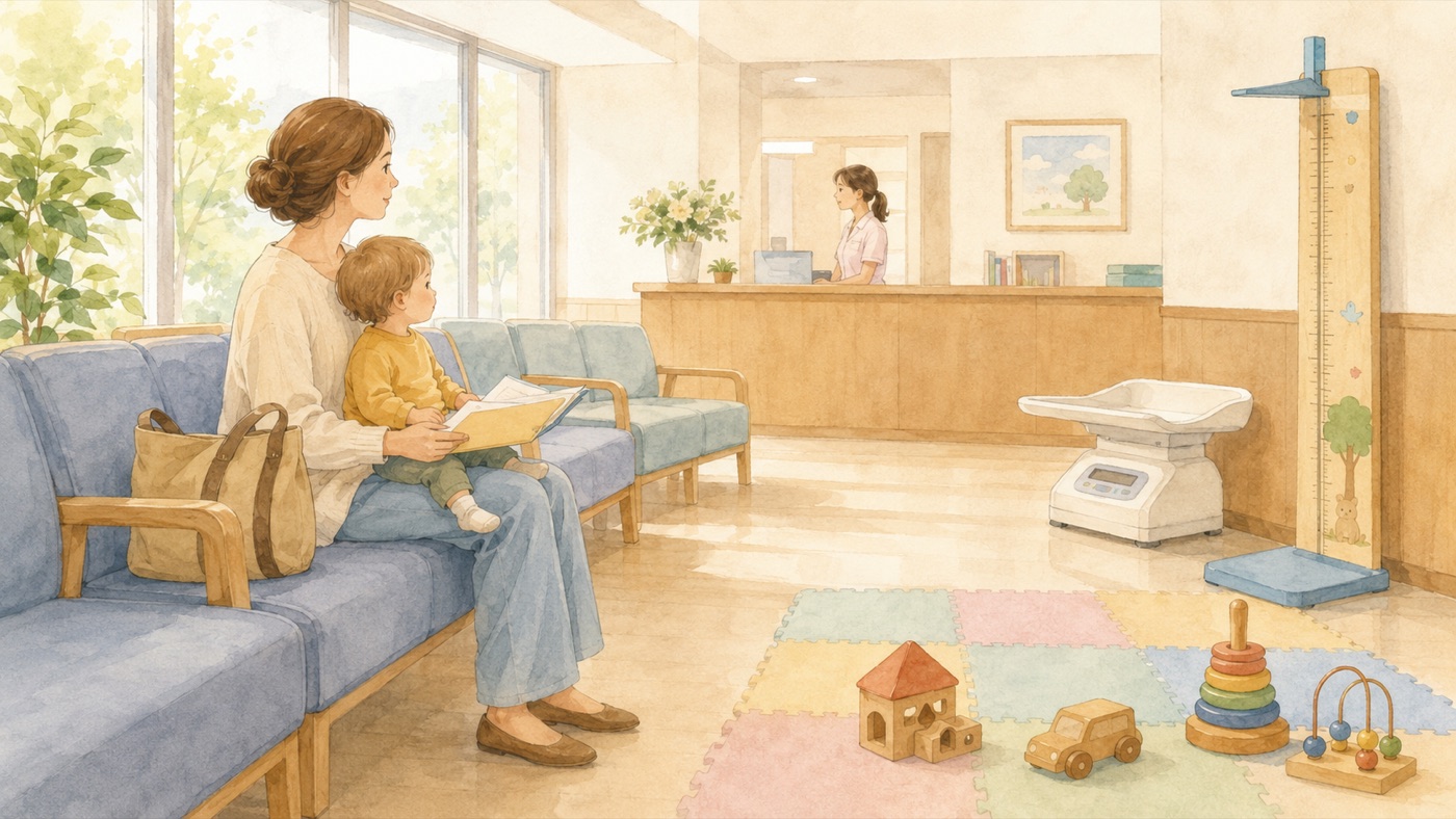 Watercolor illustration of an opened municipal envelope on a table containing a checkup voucher, a questionnaire, and a printed vision test card, beside the mother and child health handbook