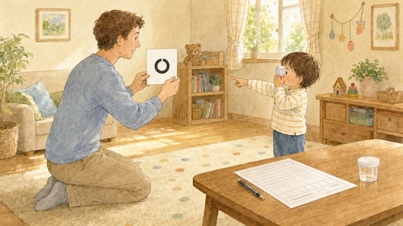 Watercolor illustration of a parent at home holding a vision test card with a Landolt ring while a small child points, with the checkup questionnaire and a urine collection cup on the table nearby