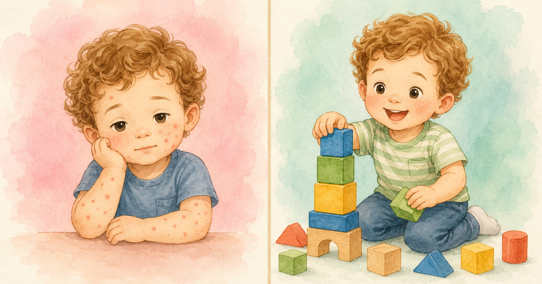 Chickenpox: child with itchy spots on left, healthy child playing on right