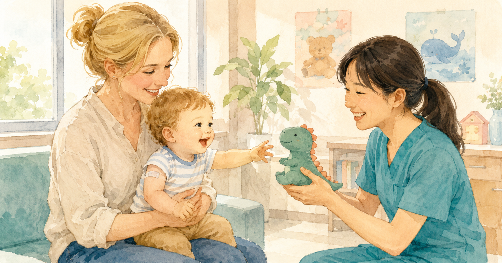Mother holding toddler at a Japanese clinic for the varicella vaccine