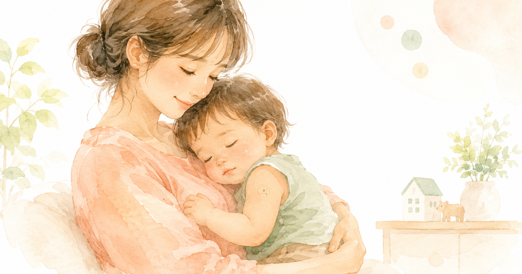 Mother holding a sleepy toddler after vaccination, with a small bandage on the arm