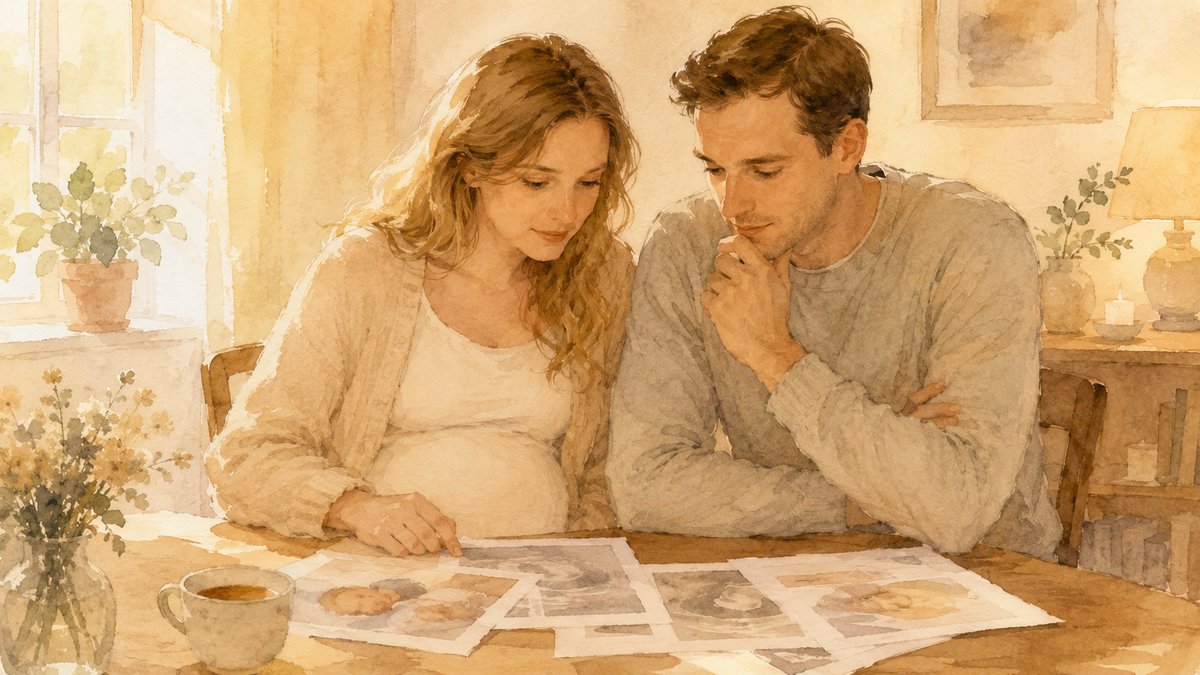 Soft watercolour illustration of an international couple expecting a baby sitting together at home, looking thoughtfully at printed information