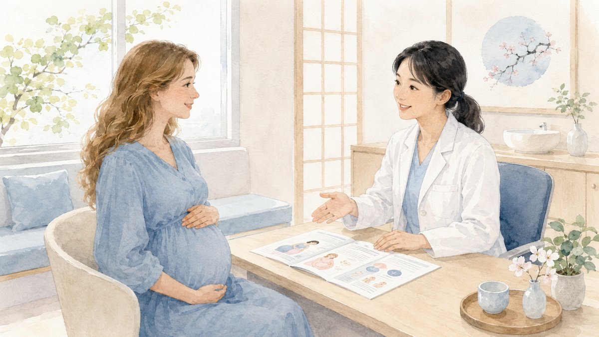 Soft watercolour illustration of a non-Japanese pregnant woman consulting with a Japanese female doctor in a modern obstetric clinic