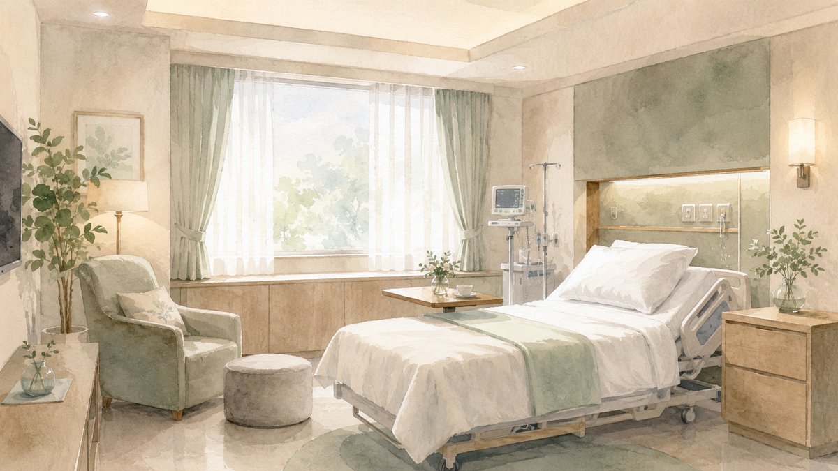 Soft watercolour illustration of a warm, clean Japanese birth clinic room with soft lighting and white linen
