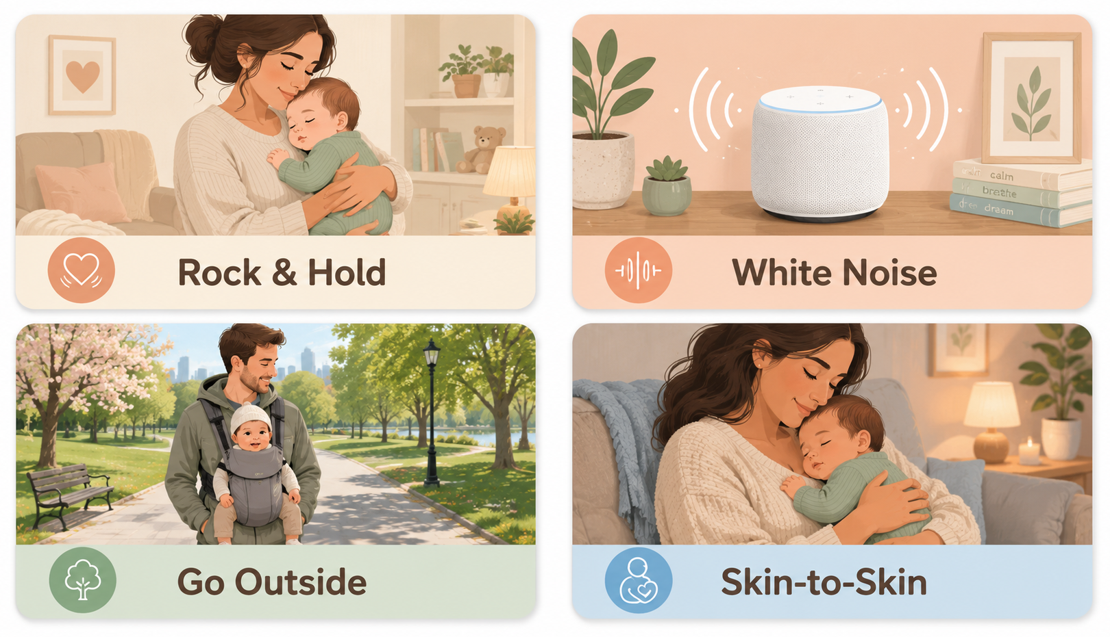 Illustration showing different ways to comfort a crying baby including holding, rocking, white noise, and going outside