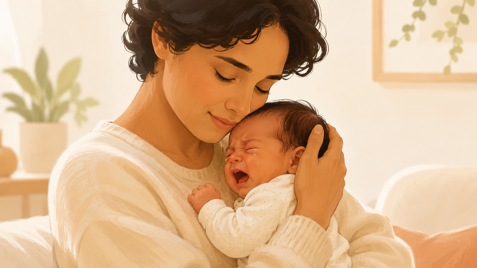 Parent gently holding and comforting a crying newborn baby