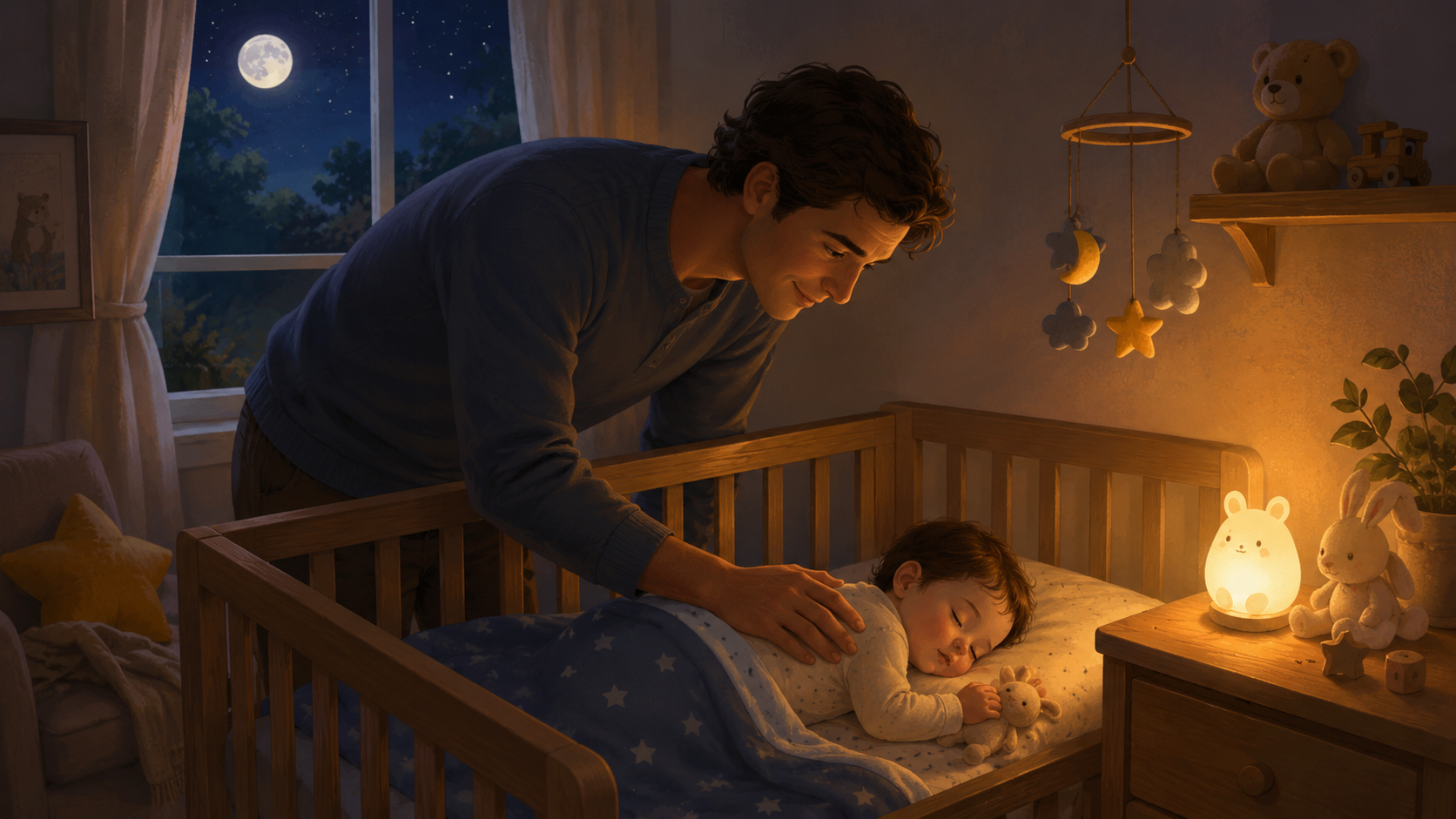 Parent gently patting a baby in a cot during night crying, dimly lit room