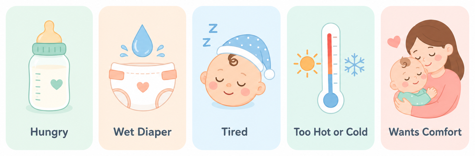 Infographic showing the 5 main reasons newborns cry: hunger, dirty diaper, tired, uncomfortable temperature, and wanting comfort