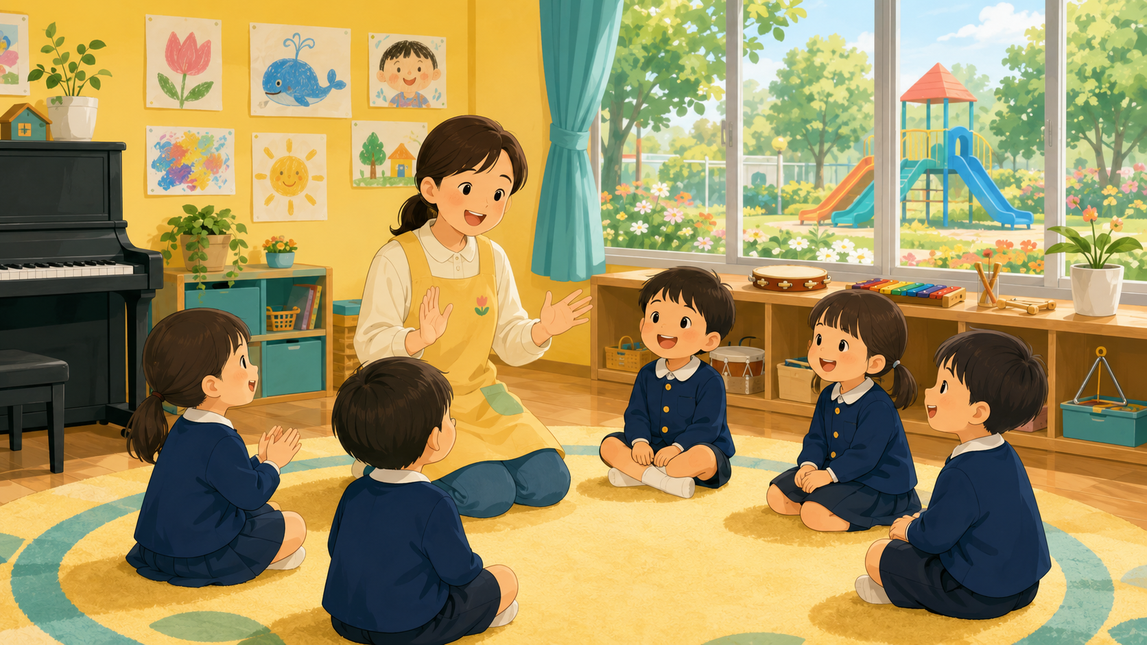 Illustration of a Japanese yochien kindergarten classroom with children in yellow hats